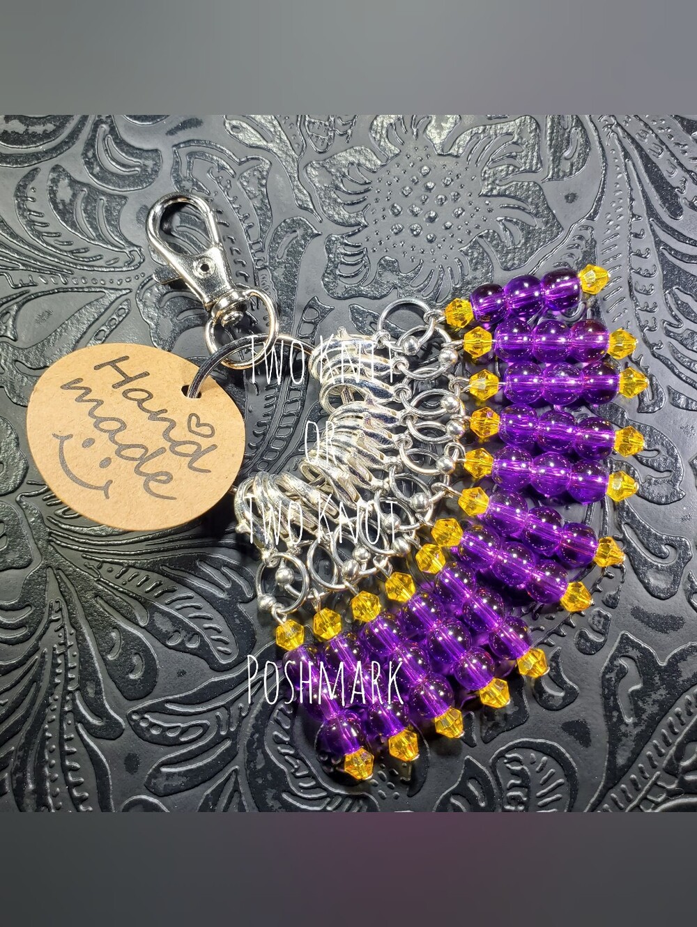 Purple & Gold - 12pcs Glass Beaded Charms - Stainless Steel Stitch Marker Zipper